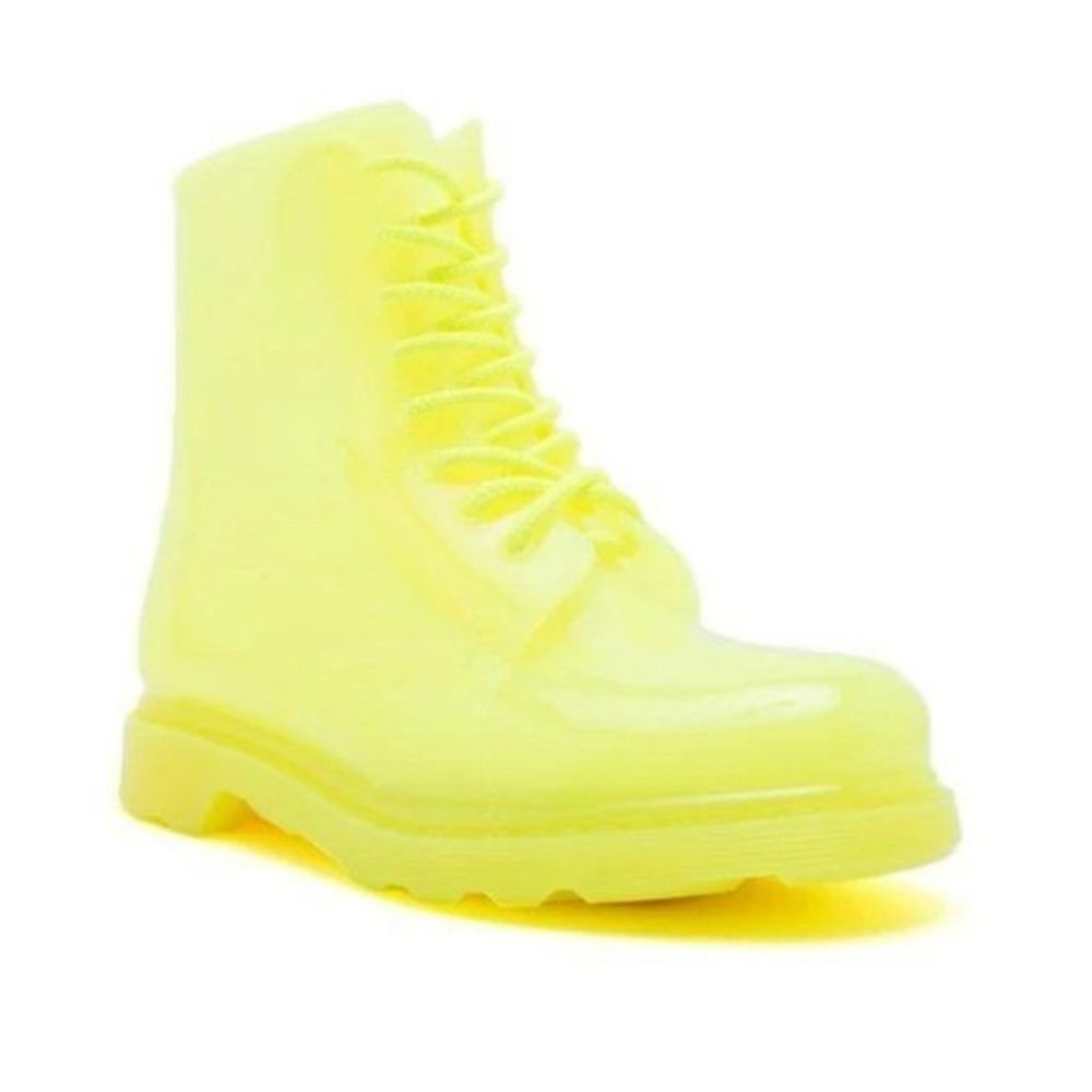 !! NEW !! Neon Yellow Lace Up Combat Rain Boots - Picture 2 of 7